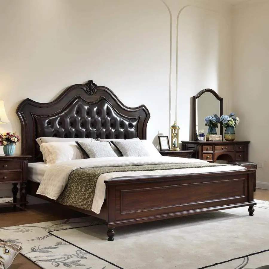 Solid Wood American Vintage Country Style Bed Carved Top-grain Leather Upholstery 1.8m Headboard Double Bed for Master Bedroom — image 4