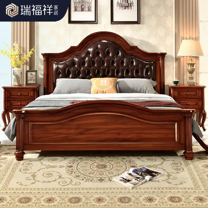 American-style Solid Wood Genuine Leather Bed Slatted Bed Base Disassembled Roman-column Bedroom Upholstered — view 3