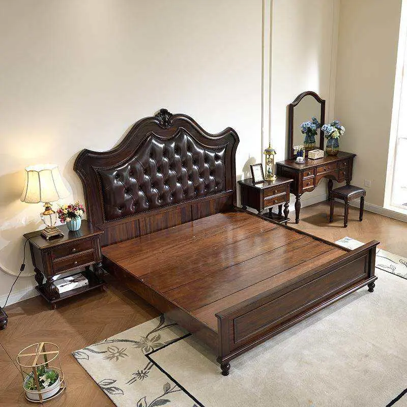 Solid Wood American Vintage Country Style Bed Carved Top-grain Leather Upholstery 1.8m Headboard Double Bed for Master Bedroom — image 5
