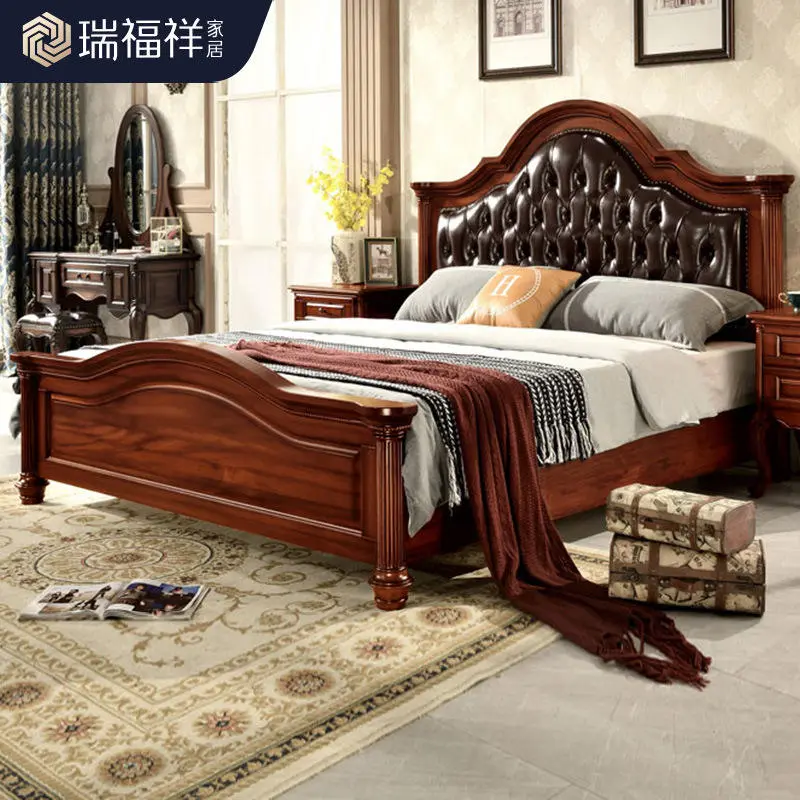 American-style Solid Wood Genuine Leather Bed Slatted Bed Base Disassembled Roman-column Bedroom Upholstered — view 4