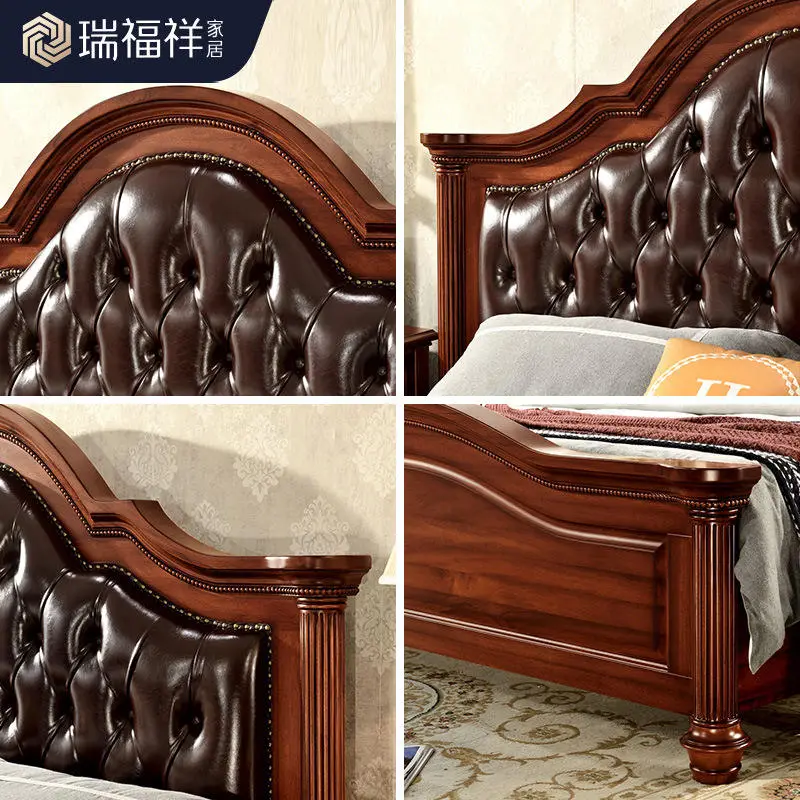 American-style Solid Wood Genuine Leather Bed Slatted Bed Base Disassembled Roman-column Bedroom Upholstered — view 5