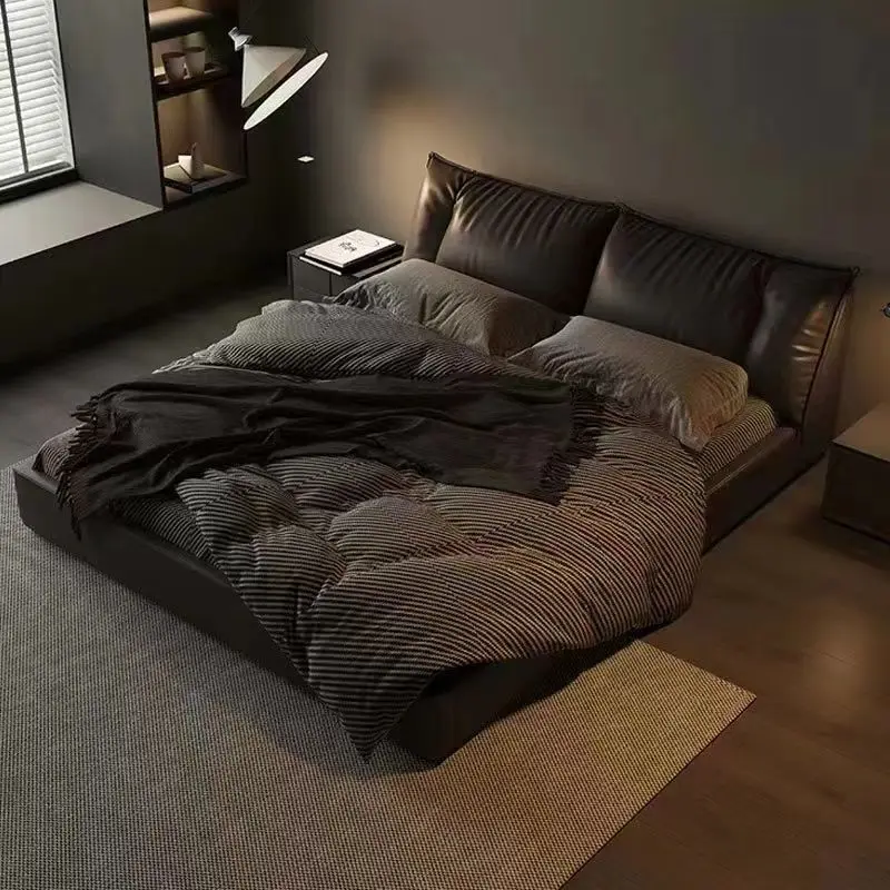 Modern Italian Minimalist Wooden Frame Genuine Leather King/Queen Size Soft Down Bed — view 1