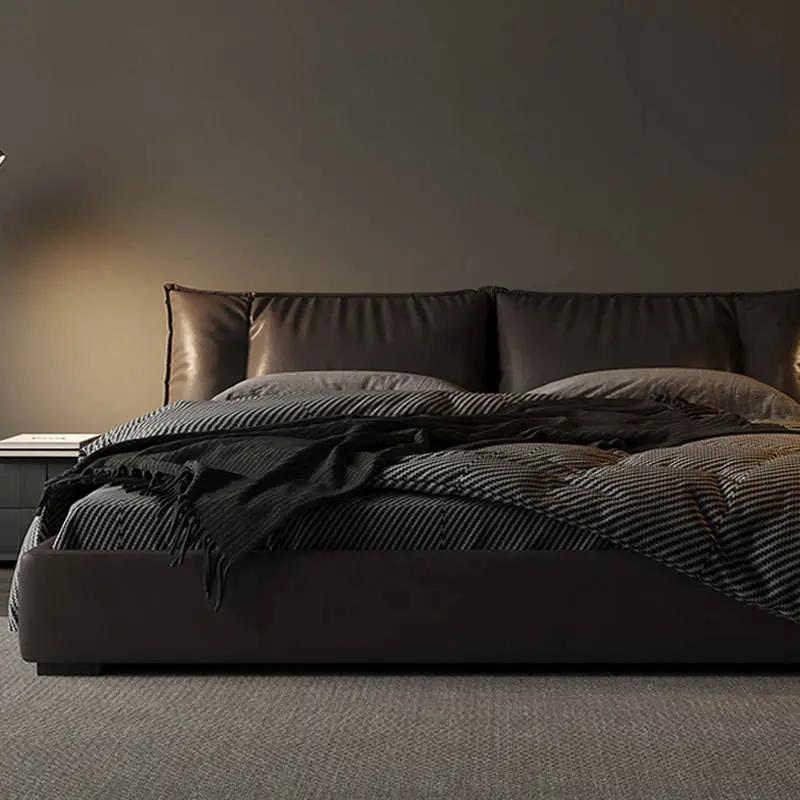 Modern Italian Minimalist Wooden Frame Genuine Leather King/Queen Size Soft Down Bed — image 3