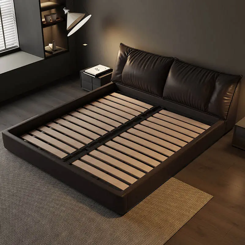 Modern Italian Minimalist Wooden Frame Genuine Leather King/Queen Size Soft Down Bed — image 4