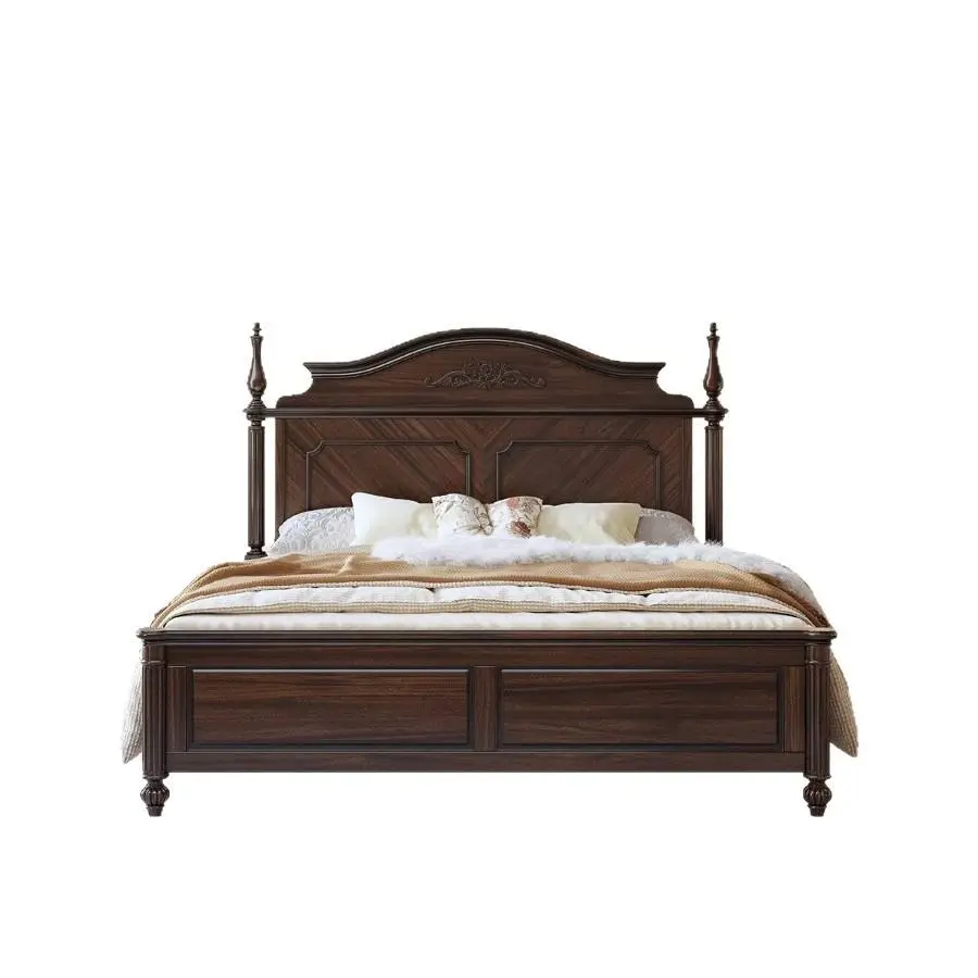 American Country-style Vintage Solid Wood Disassembled Bed 1.8m Double Bed Old Money Style Black Walnut Master Bedroom L — view 1