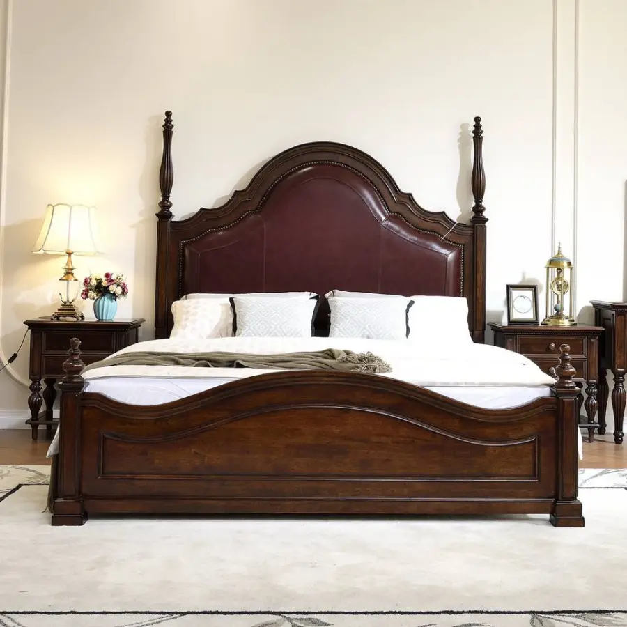 American-style European-style Genuine Leather Headboard Full Solid Wood Double Bed Soft-backed 1800x2000mm Luxury Furniture — image 2