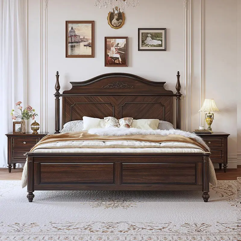 American Country-style Vintage Solid Wood Disassembled Bed 1.8m Double Bed Old Money Style Black Walnut Master Bedroom L — view 2