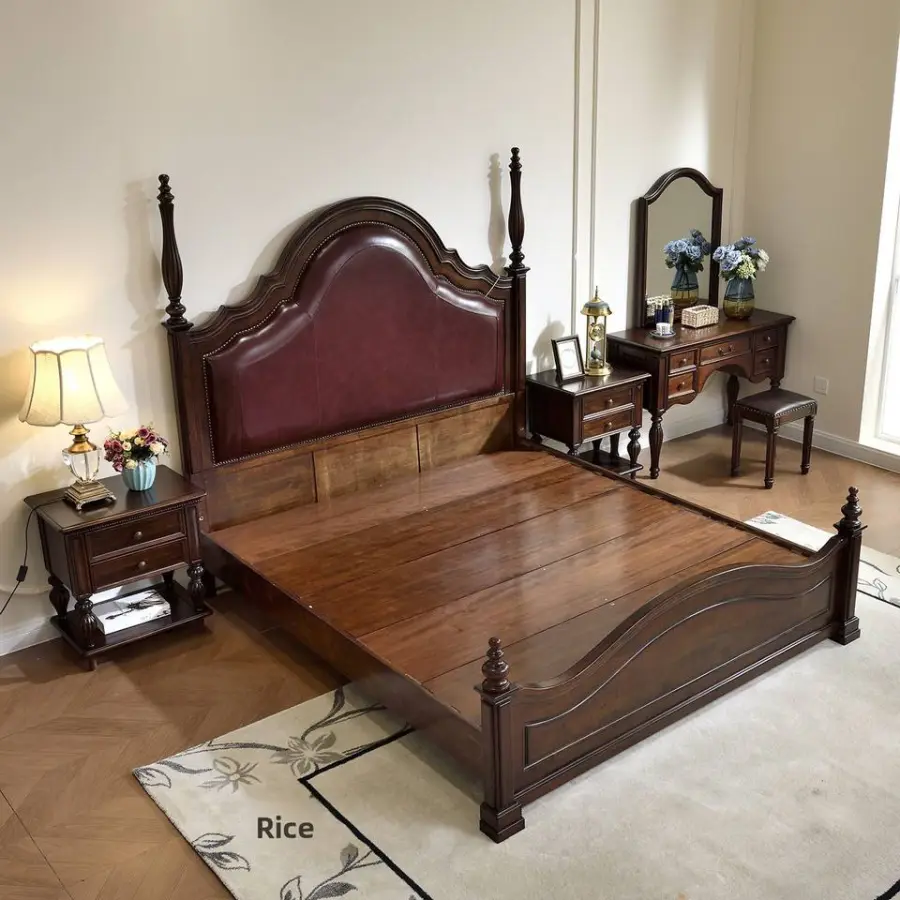 American-style European-style Genuine Leather Headboard Full Solid Wood Double Bed Soft-backed 1800x2000mm Luxury Furniture — image 3