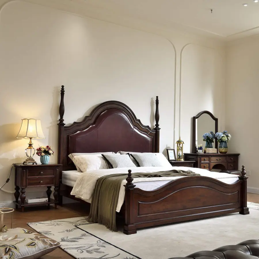 American-style European-style Genuine Leather Headboard Full Solid Wood Double Bed Soft-backed 1800x2000mm Luxury Furniture — image 4