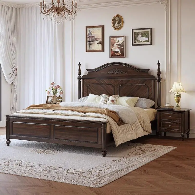 American Country-style Vintage Solid Wood Disassembled Bed 1.8m Double Bed Old Money Style Black Walnut Master Bedroom L — view 3