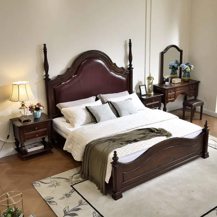 American-style European-style Genuine Leather Headboard Full Solid Wood Double Bed Soft-backed 1800x2000mm Luxury Furniture — image 5