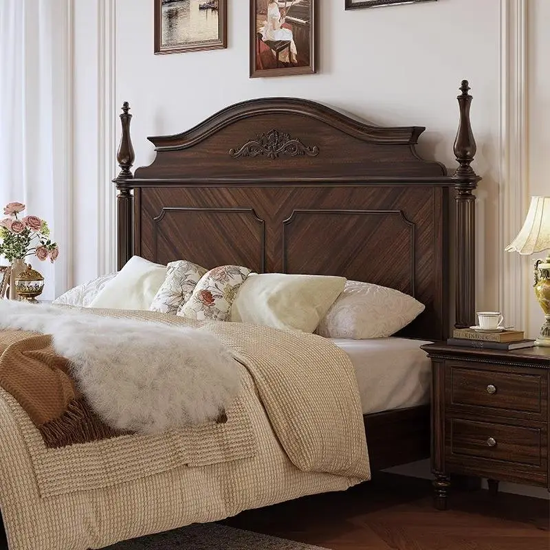 American Country-style Vintage Solid Wood Disassembled Bed 1.8m Double Bed Old Money Style Black Walnut Master Bedroom L — view 4