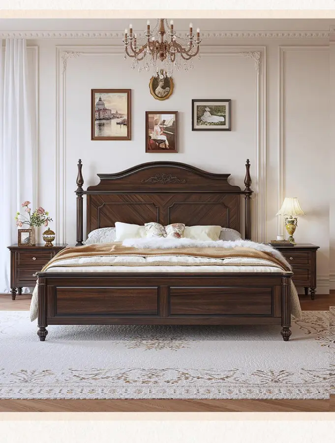 American Country-style Vintage Solid Wood Disassembled Bed 1.8m Double Bed Old Money Style Black Walnut Master Bedroom L — view 5