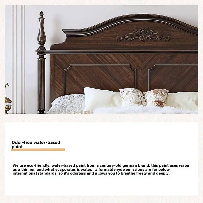 American Country-style Vintage Solid Wood Disassembled Bed 1.8m Double Bed Old Money Style Black Walnut Master Bedroom L — view 6