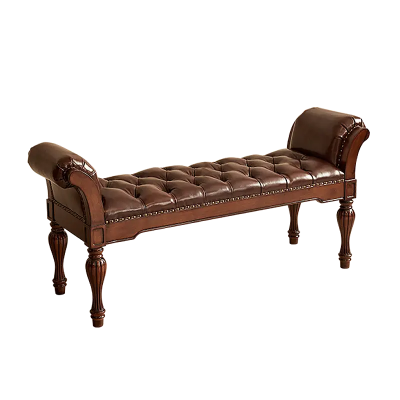 New Arrival American Neoclassical Golden-Grain Teak Solid Wood Bed End Stool Ottoman Foot-of-Bed Bench Cowhide Upholster — view 1