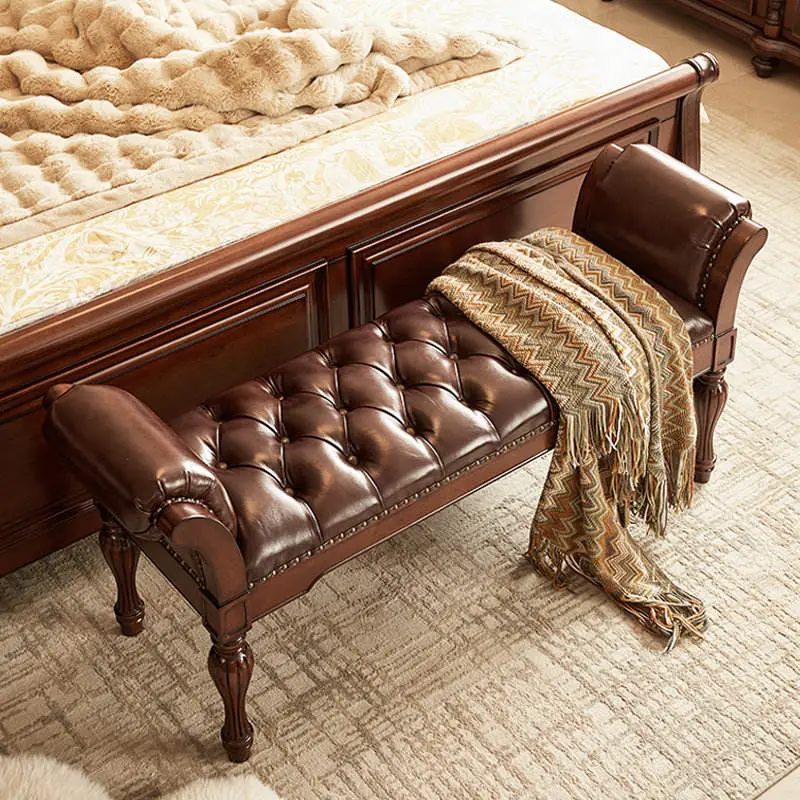 New Arrival American Neoclassical Golden-Grain Teak Solid Wood Bed End Stool Ottoman Foot-of-Bed Bench Cowhide Upholstered — image 2