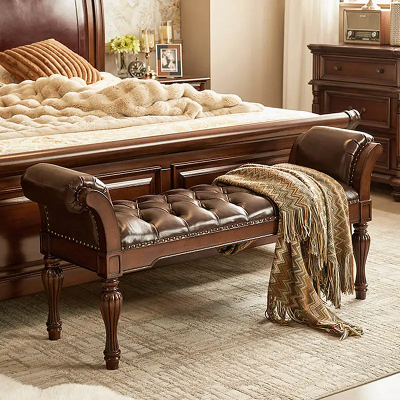 New Arrival American Neoclassical Golden-Grain Teak Solid Wood Bed End Stool Ottoman Foot-of-Bed Bench Cowhide Upholstered — image 3