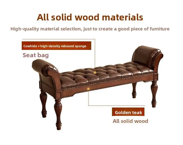 New Arrival American Neoclassical Golden-Grain Teak Solid Wood Bed End Stool Ottoman Foot-of-Bed Bench Cowhide Upholstered — image 4