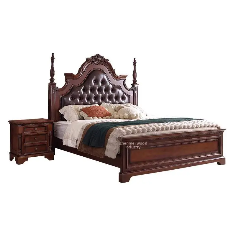 Medieval Style Solid Wood High Box Multifunctional 1.8-meter Leather-upholstered Double Bed Master Bedroom Carved King-s — view 1