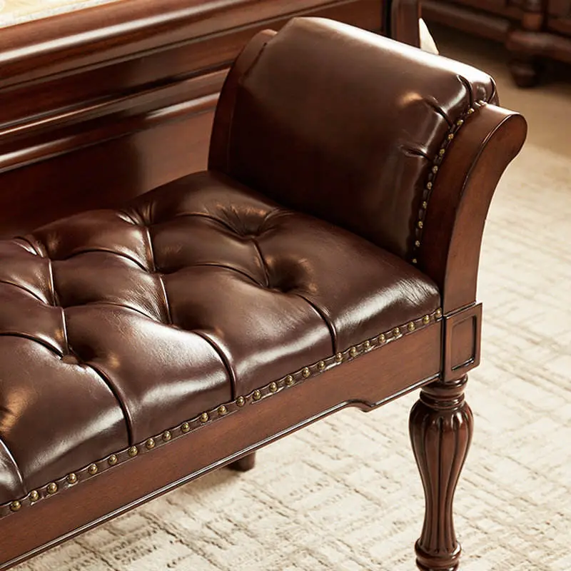 New Arrival American Neoclassical Golden-Grain Teak Solid Wood Bed End Stool Ottoman Foot-of-Bed Bench Cowhide Upholstered — image 5