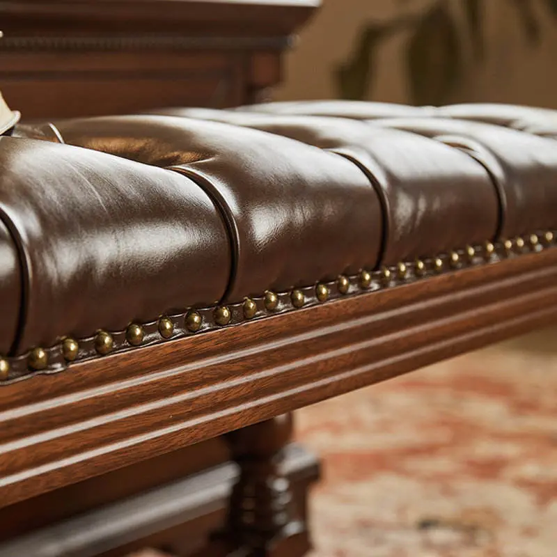 New Arrival American Neoclassical Golden-Grain Teak Solid Wood Bed End Stool Ottoman Foot-of-Bed Bench Cowhide Upholstered — image 6