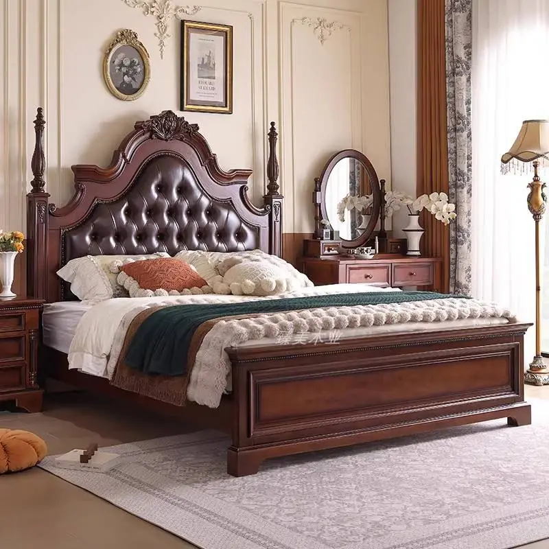 Medieval Style Solid Wood High Box Multifunctional 1.8-meter Leather-upholstered Double Bed Master Bedroom Carved King-size Bed — image 2