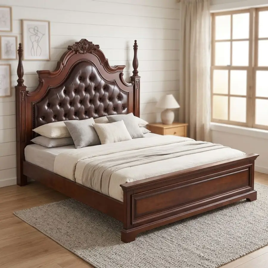 Medieval Style Solid Wood High Box Multifunctional 1.8-meter Leather-upholstered Double Bed Master Bedroom Carved King-size Bed — image 3