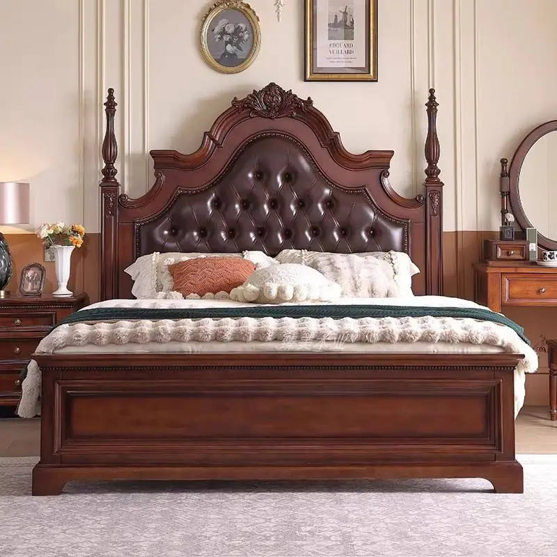 Medieval Style Solid Wood High Box Multifunctional 1.8-meter Leather-upholstered Double Bed Master Bedroom Carved King-size Bed — image 4