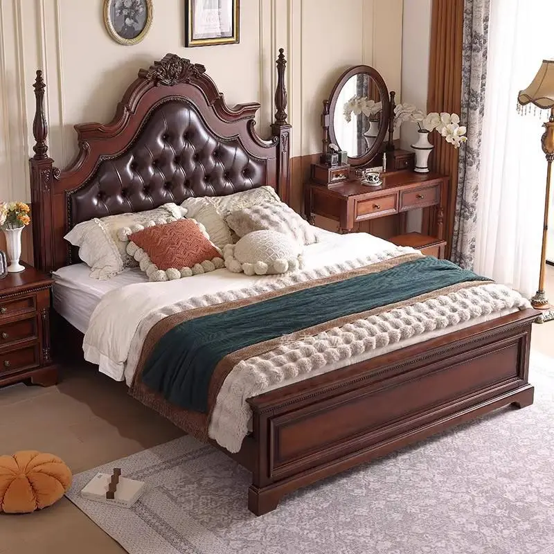 Medieval Style Solid Wood High Box Multifunctional 1.8-meter Leather-upholstered Double Bed Master Bedroom Carved King-size Bed — image 5