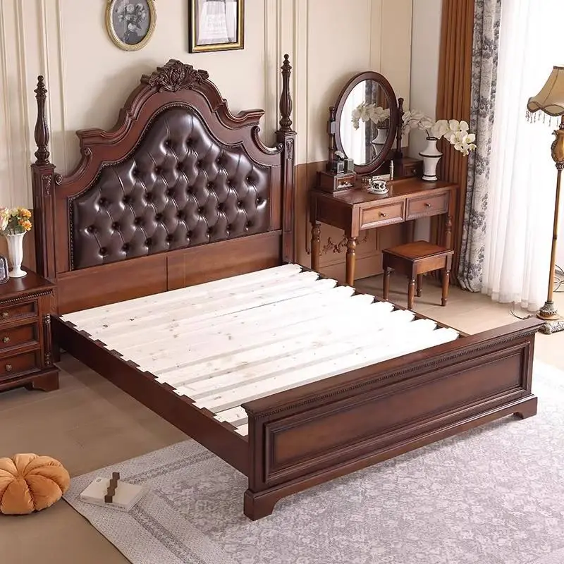 Medieval Style Solid Wood High Box Multifunctional 1.8-meter Leather-upholstered Double Bed Master Bedroom Carved King-size Bed — image 6