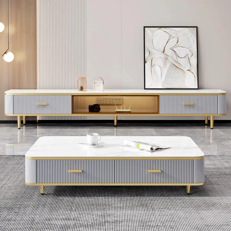 Modern Luxury Wooden Marble Tv Stand and Coffee Table Set Living Room square with Drawers Floating White Large Furniture Design — image 3