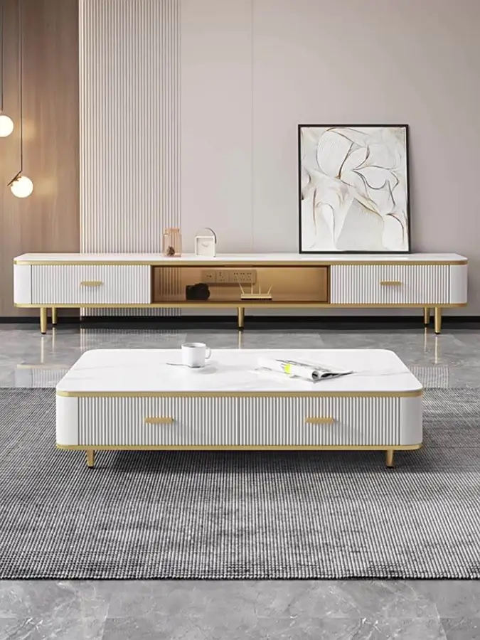 Modern Luxury Wooden Marble Tv Stand and Coffee Table Set Living Room square with Drawers Floating White Large Furniture Design — image 4