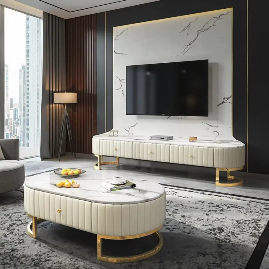 2025 Modern Luxury Living Room Coffee Table with Storage Big Gold Stainless Steel Side Elegant Marble Top — view 1