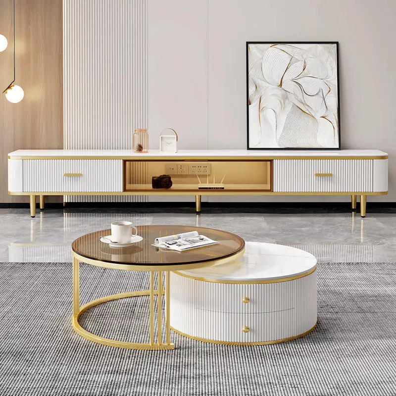 Modern Luxury Wooden Marble Tv Stand and Coffee Table Set Living Room square with Drawers Floating White Large Furniture Design — image 5