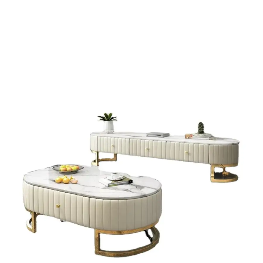 2025 Modern Luxury Living Room Coffee Table with Storage Big Gold Stainless Steel Side Elegant Marble Top — view 2