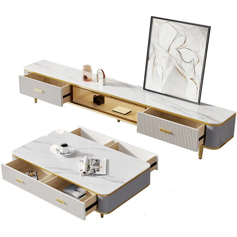 Modern Luxury Wooden Marble Tv Stand and Coffee Table Set Living Room square with Drawers Floating White Large Furniture Design — image 6
