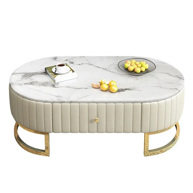 2025 Modern Luxury Living Room Coffee Table with Storage Big Gold Stainless Steel Side Elegant Marble Top — view 3