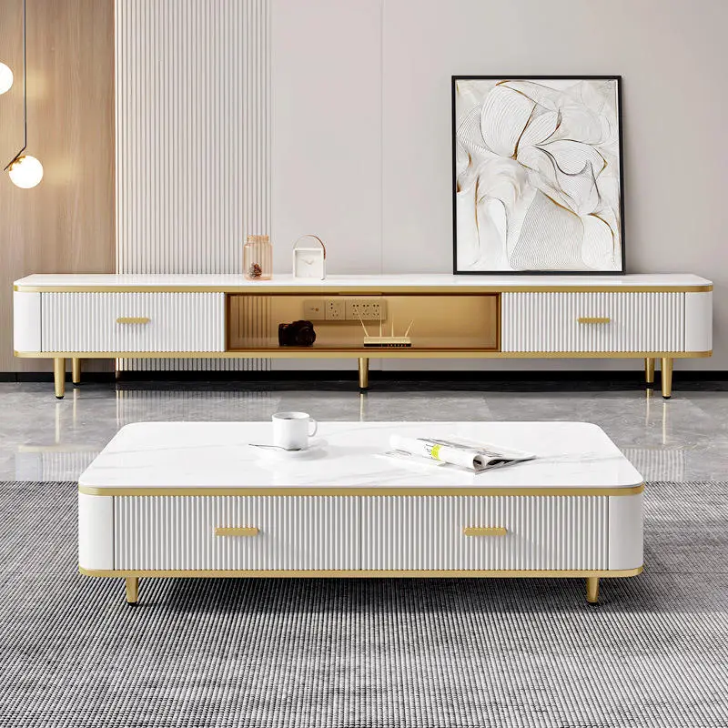 Modern Luxury Wooden Marble Tv Stand and Coffee Table Set Living Room square with Drawers Floating White Large Furniture Design — image 7