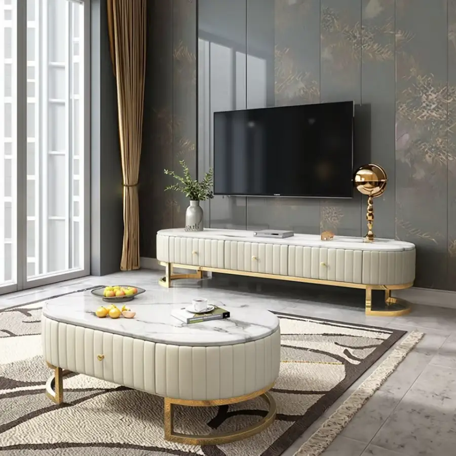 2025 Modern Luxury Living Room Coffee Table with Storage Big Gold Stainless Steel Side Elegant Marble Top — view 6