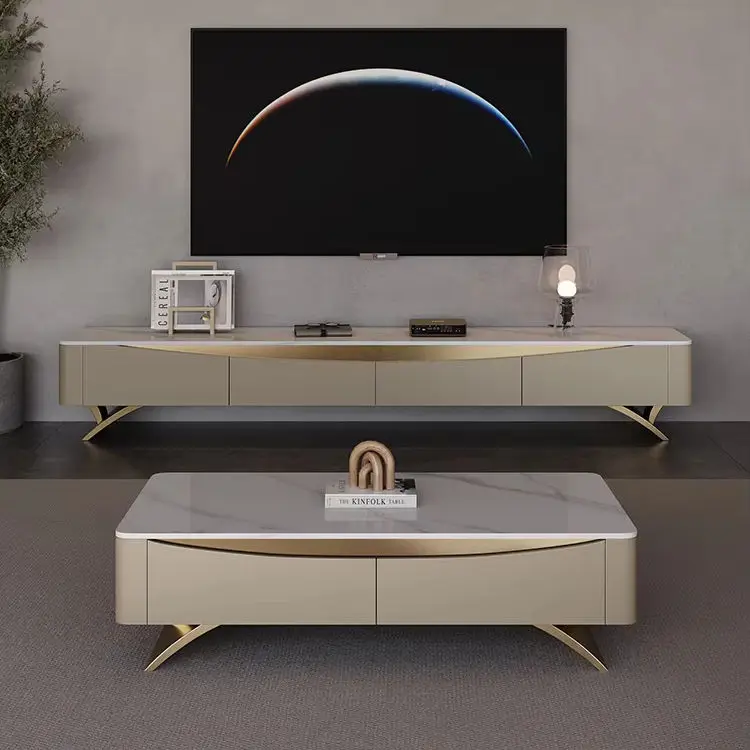 Luxury Modern Simple Rock Board Solid Wood Coffee Table TV Stand Combination for Small Living Room Apartment High-End Fu — view 1