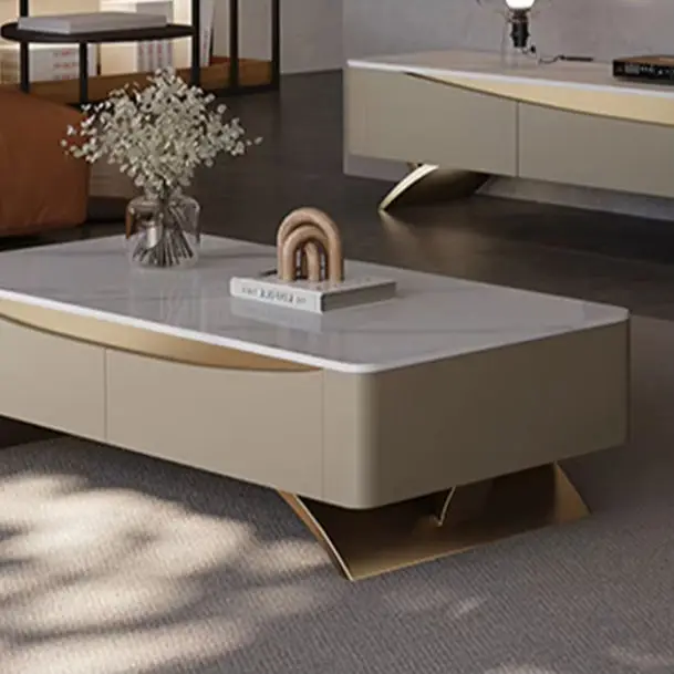 Luxury Modern Simple Rock Board Solid Wood Coffee Table TV Stand Combination for Small Living Room Apartment High-End Furniture — image 3
