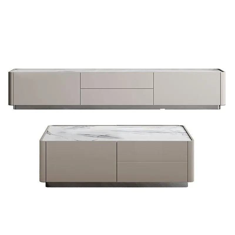 Nordic Modern Minimalist TV Cabinet Coffee Table Set Glossy Rock Slab for Small Apartment Living Room Light Luxury Floor — view 1