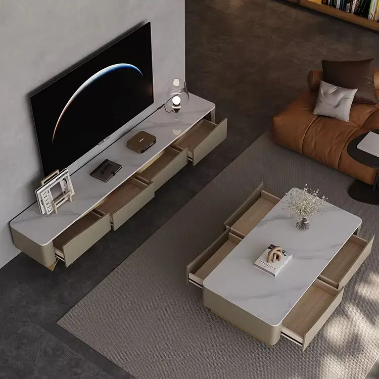 Luxury Modern Simple Rock Board Solid Wood Coffee Table TV Stand Combination for Small Living Room Apartment High-End Furniture — image 5