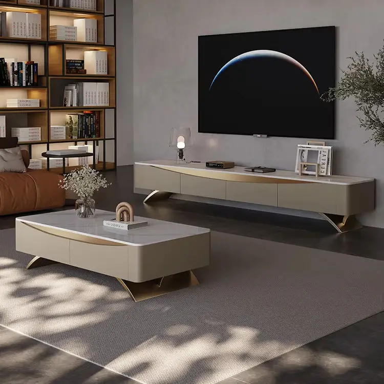 Luxury Modern Simple Rock Board Solid Wood Coffee Table TV Stand Combination for Small Living Room Apartment High-End Furniture — image 6