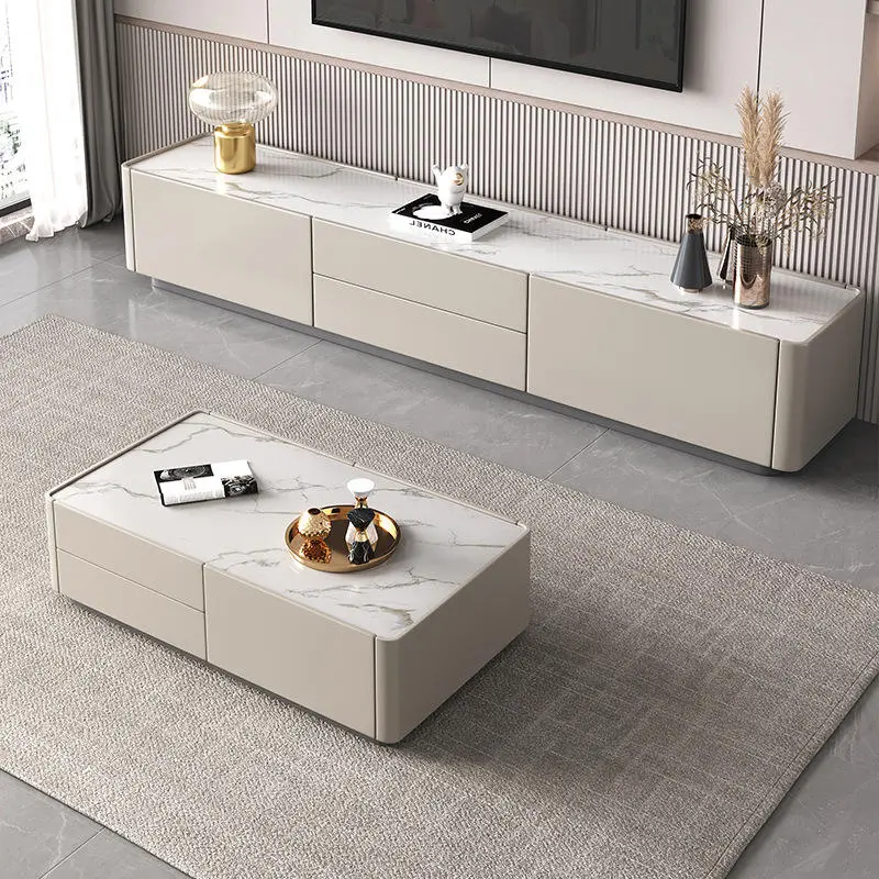Nordic Modern Minimalist TV Cabinet Coffee Table Set Glossy Rock Slab for Small Apartment Living Room Light Luxury Floor — view 3