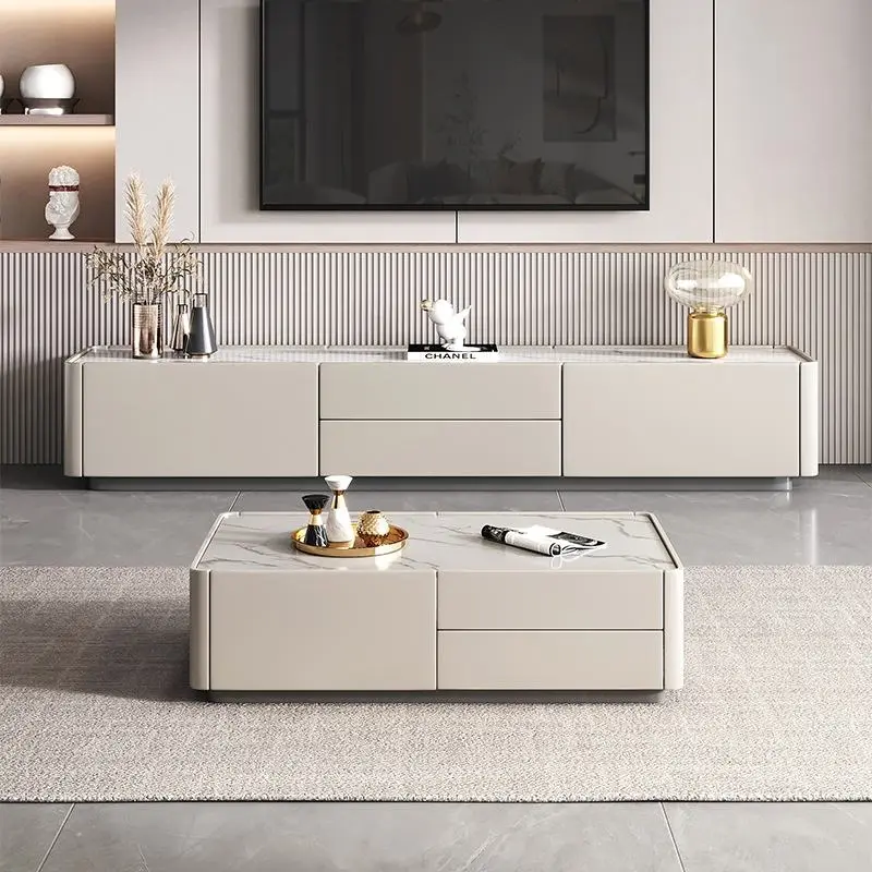 Nordic Modern Minimalist TV Cabinet Coffee Table Set Glossy Rock Slab for Small Apartment Living Room Light Luxury Floor — view 4