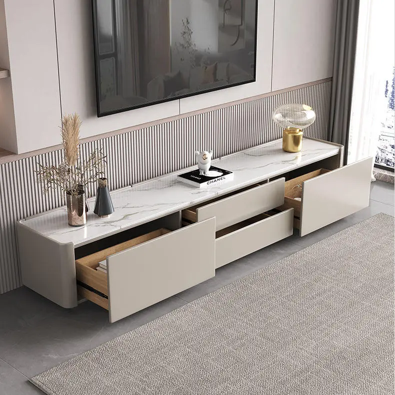 Nordic Modern Minimalist TV Cabinet Coffee Table Set Glossy Rock Slab for Small Apartment Living Room Light Luxury Floor — view 5