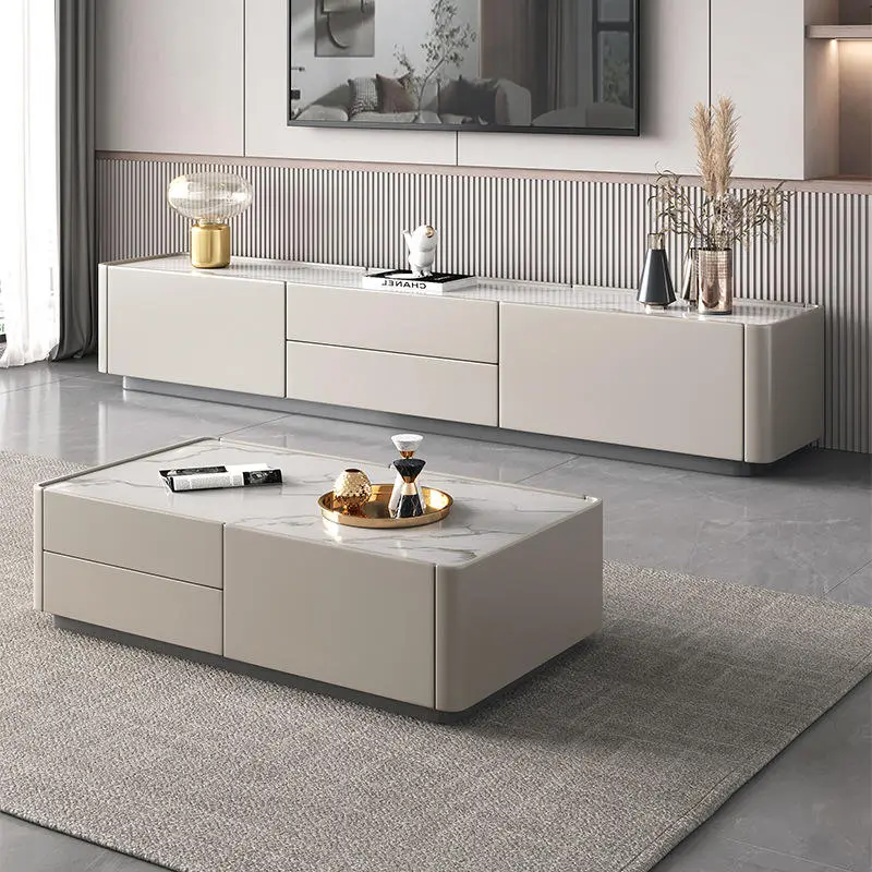 Nordic Modern Minimalist TV Cabinet Coffee Table Set Glossy Rock Slab for Small Apartment Living Room Light Luxury Floor — view 6