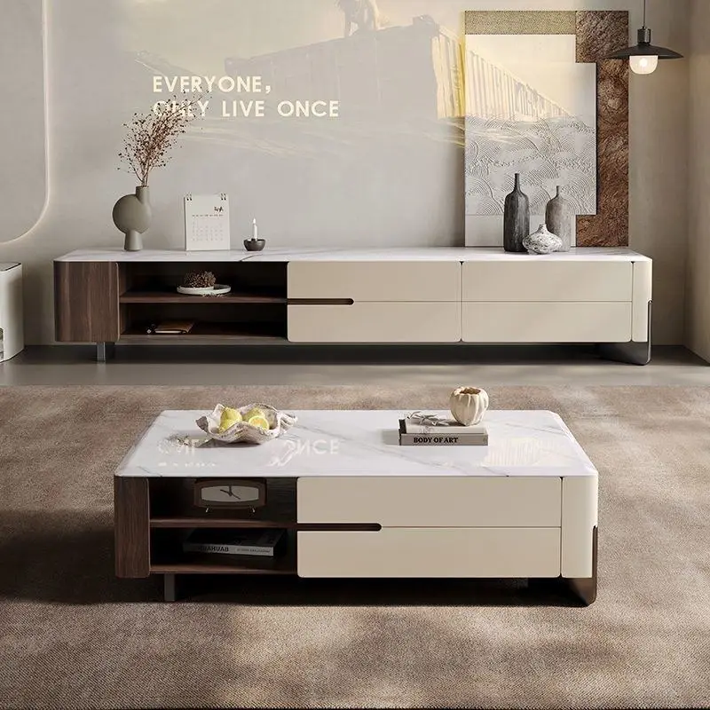 Modern Minimalist Wooden Solid Wood Look Living Room Furniture Set Extendable Storage Coffee Table and TV Cabinet Designer Style — image 4