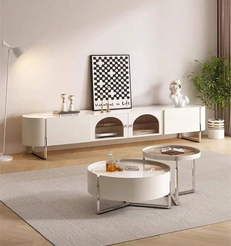 Modern Cream Minimalist TV Cabinet Light Luxury Rock Board Storage Combination for Small Living Room Apartment Made Wood — view 1